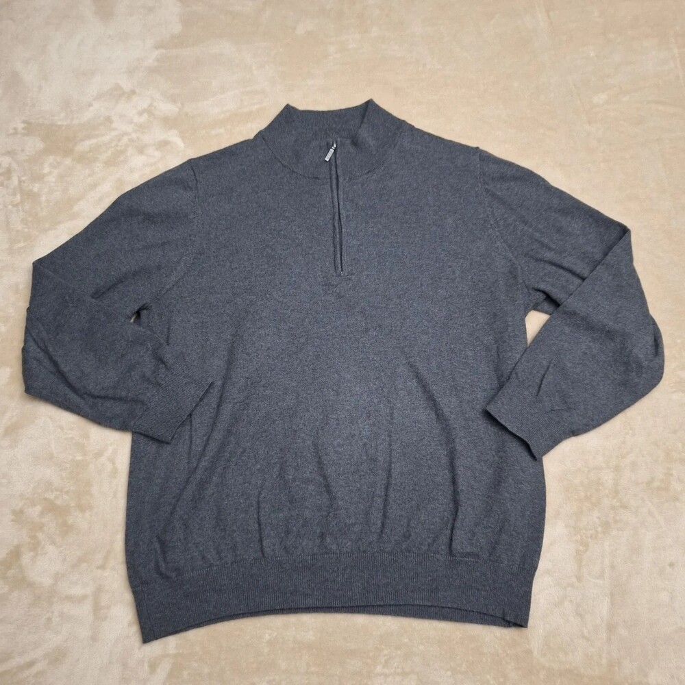 L.L. Bean Sweater Mens Large Gray 1/4 Zip Mock Neck Cotton Cashmere Pullover